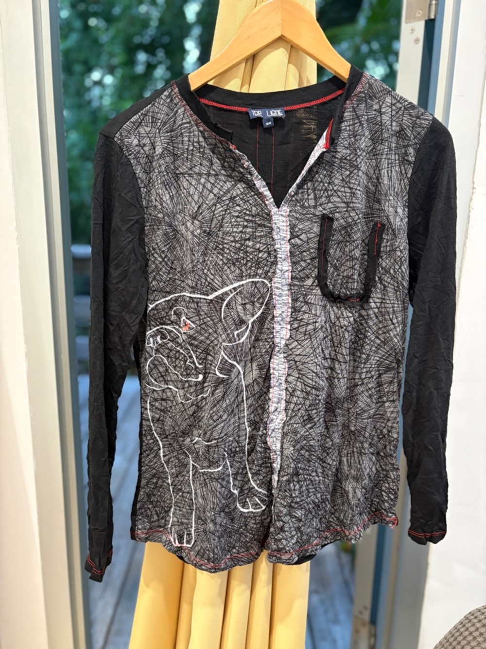 Carine Top Ligne Black & Gray Long-Sleeve Blouse with Embroidered Bulldog M